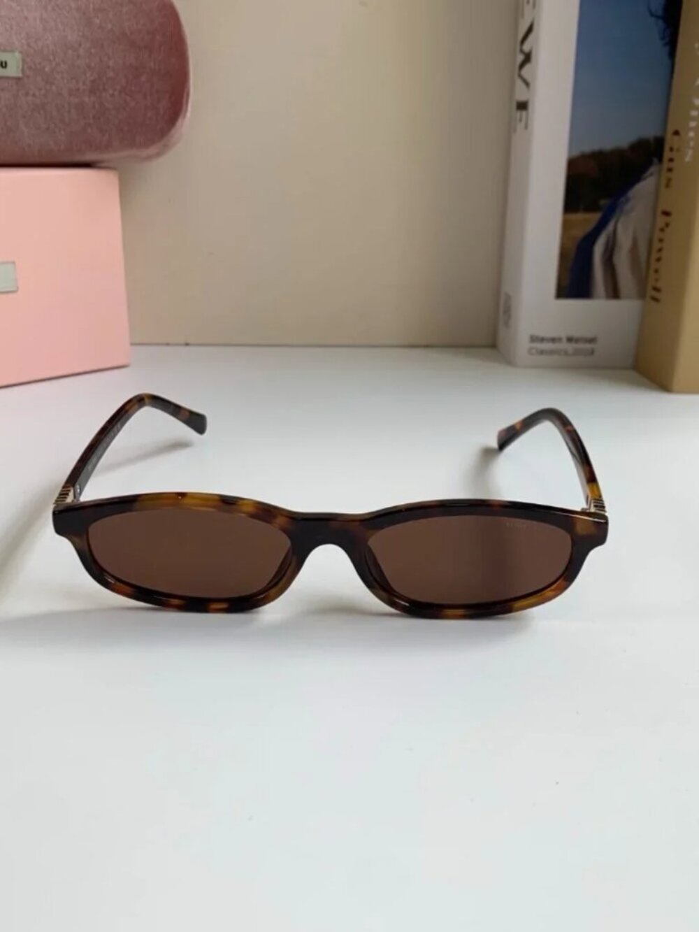 MIU MIU Tortoise Shell Oval Sunglasses Brown Lens Gold Logo - Picture 2 of 8